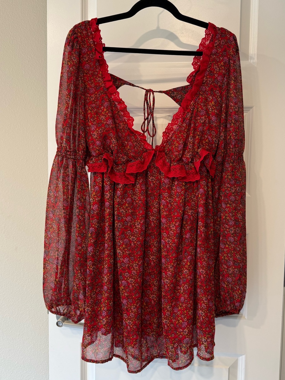 Free People Red Floral Ruffle-Trim Mini Dress